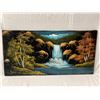 Image 1 : Black Velvet Painting Of Waterfall Scene Signed By Artist