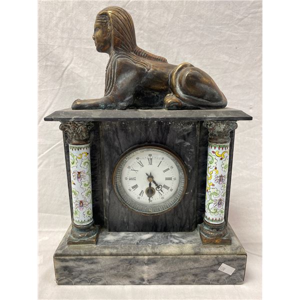 Marble Column Mantel Clock With Bronze Sphinx And Porcelain Columns