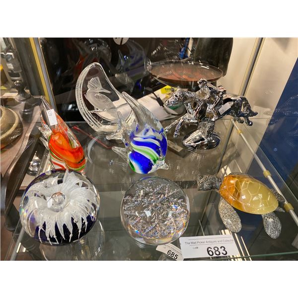 7 Assorted Collectibles, Glass Fish, Glass Paper Weights, Carved Stone Turtle, Etc..