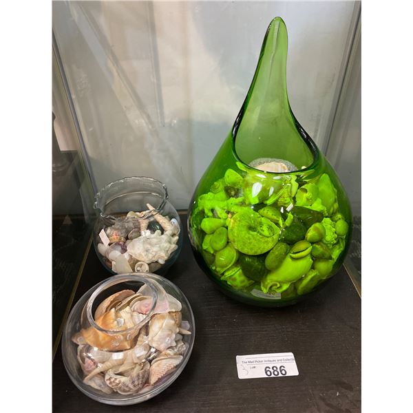 3 Glass Vases Full Of Seashells
