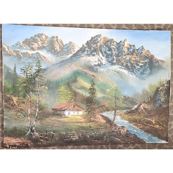 Vintage Oil On Board Cottage And Mountains Scene