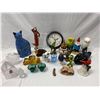 Image 1 : Tote Full Of Assorted Collectibles, Clock, Ceramic Cat, Gnome, Etc..