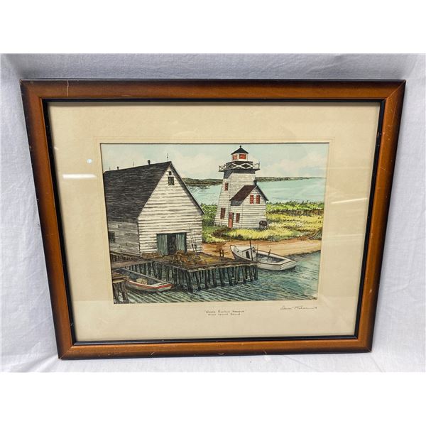 Framed Watercolor And Ink "North Rustico Harbour P.E.I" By Dave Fisher