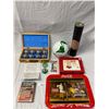 Image 1 : Tote Full Of Assorted Collectibles, Coca Cola Tray, Soccer Ball, Dart Board, Etc..