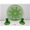 Image 1 : Pair Of Green Glass Dolphin Candle Sticks Holder And Green Glass Plate