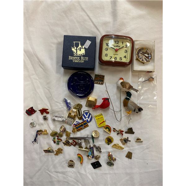 Assortment Of Collectibles, Bristle Blue Glass, Pins, Cardinal Clock, Birds, Etc..