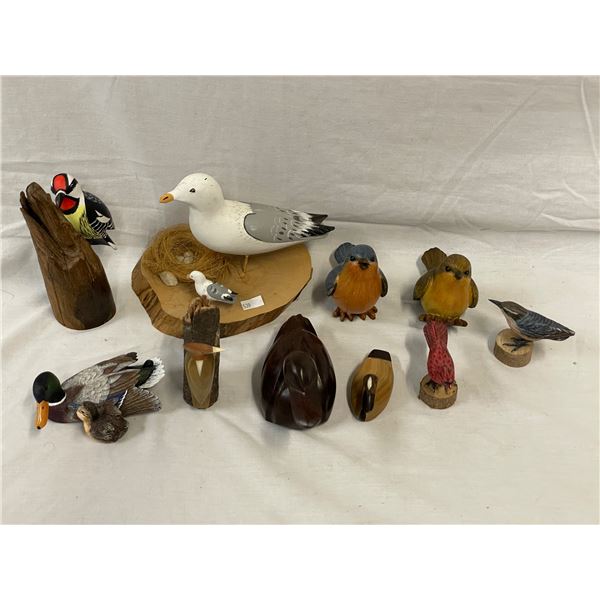 9 Wood And Resin Carved Birds, Seagull, Woodpecker, Ducks, Etc..