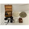 Image 1 : Leather Cased Flask, 2 Plaster Rattle Snakes, Glass Reflector Light Cover, Rural Wall Hanging Teleph
