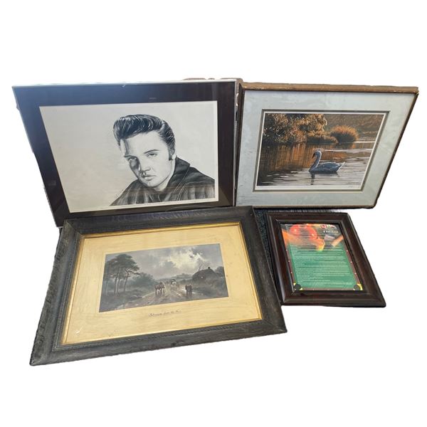 4 Framed Prints, Elvis, Swan, Etc..