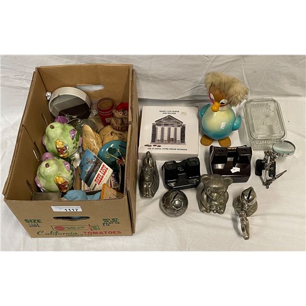 Box Of Collectibles, Smart Coin Sorter, View Master, Lidded Butter Dish, Ceramic Banks, Etc..