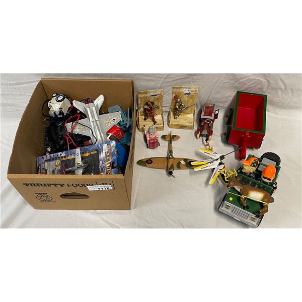 Box Of Assorted Toys, Hunters Jeep With Deer, Model Airplanes, California Raisins, Model Cars, Etc..