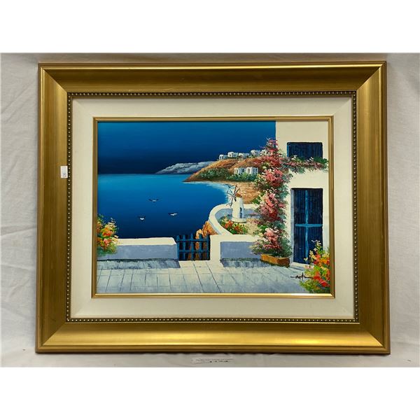 Framed Oil On Canvas Mediterranean City And Ocean Scene