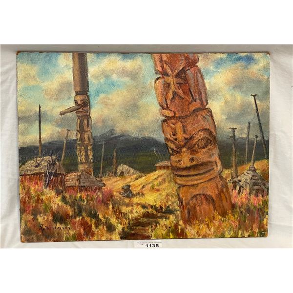 Oil On Board Of First Nations Totem Poles By Ruth Harvey