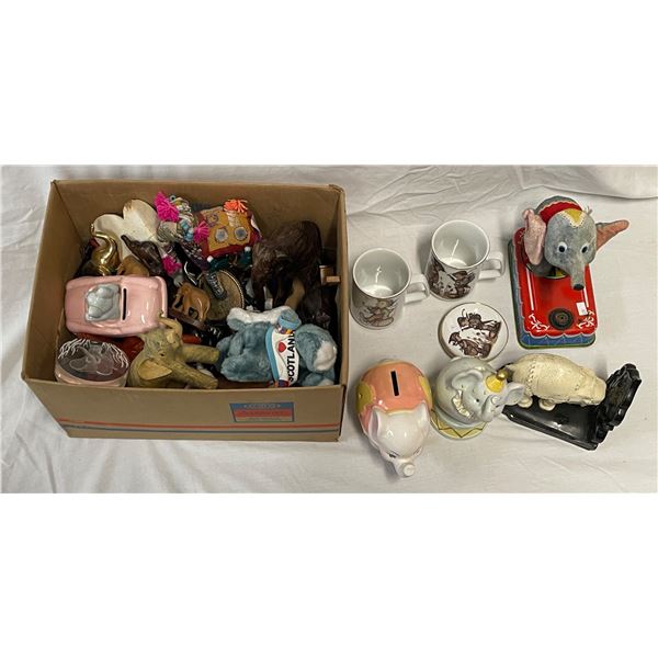 Box Full Of Collectibles, Ceramic Banks, Bubble Blowing Elephant, Hummel Mug, Etc..