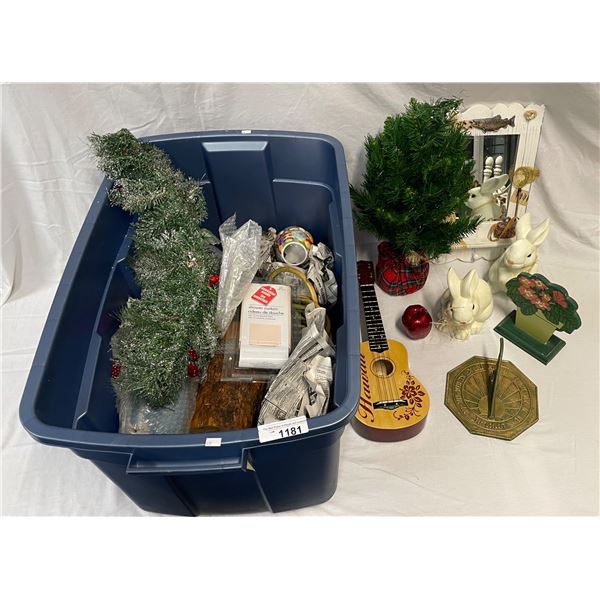 Box Full Of Collectibles, Ukelele, Basket, Fishing Framed Mirror, Christmas Gear, Etc..
