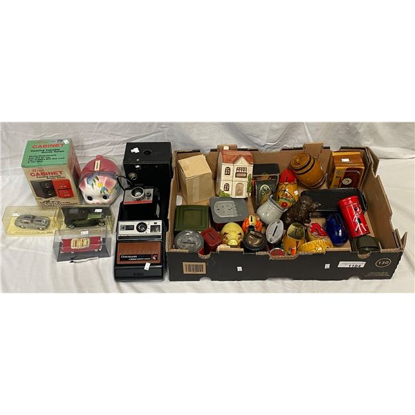 Large Assortment Of Collectibles, Ceramic Piggy Bank, Metal Pig Bank, Metal Dog And Cat Bank, Camera