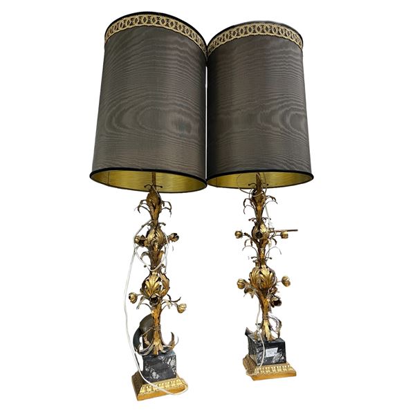 Pair Of Gold Gilded Metal Craft Lamps With Marble Base