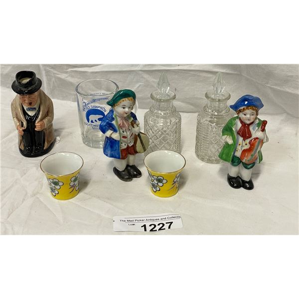 Assorted Figurines, Crystal Decanters, Fort Simpson Miniature Mug, Etc..