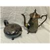Image 2 : Tote Full Of Assorted Silver Plate, Tray, Teapot, Creamer, Etc...