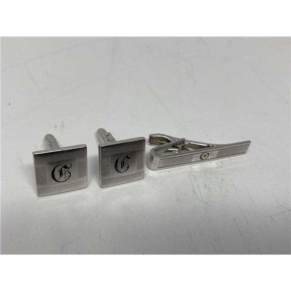 Sterling Silver Cuff Link And Tie Clip