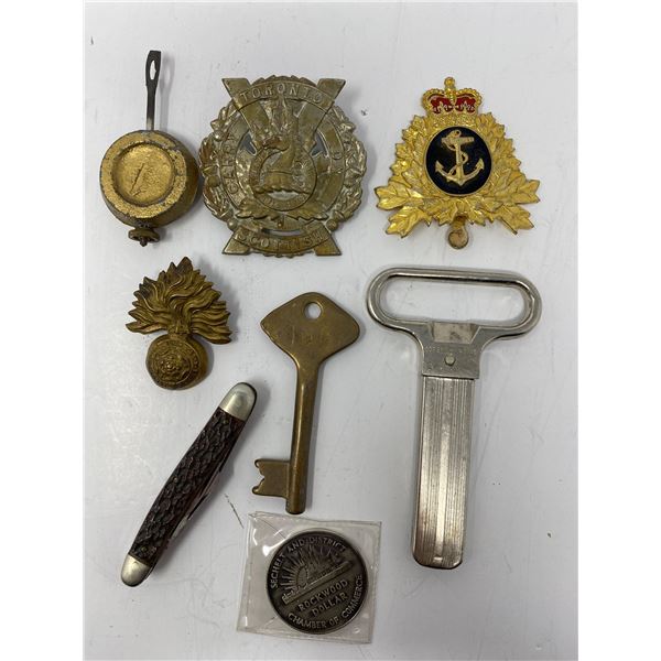 Assorted Collectibles, Brass Key, Pocket Knife, Badges, Etc..