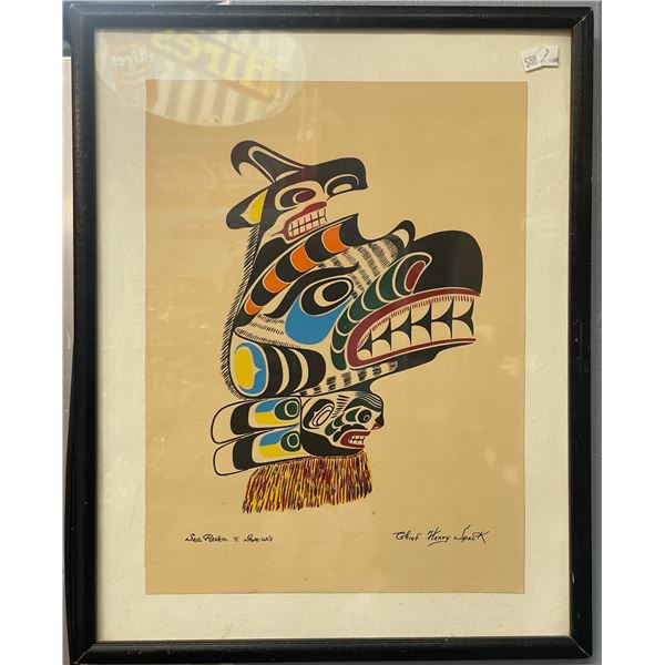 Framed First Nations Water Color of Sea Raven By Chief Henry Speck