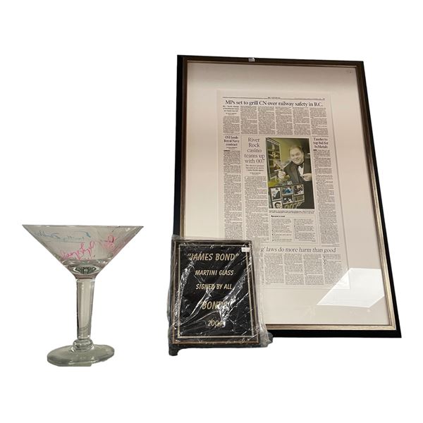 Large James Bond Martini Glass Signed By All The Bonds 2004 With Framed Newspaper Article