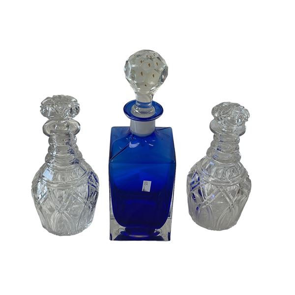 2 Cut Glass Crystal Decanter And Blue Art Glass Decanter