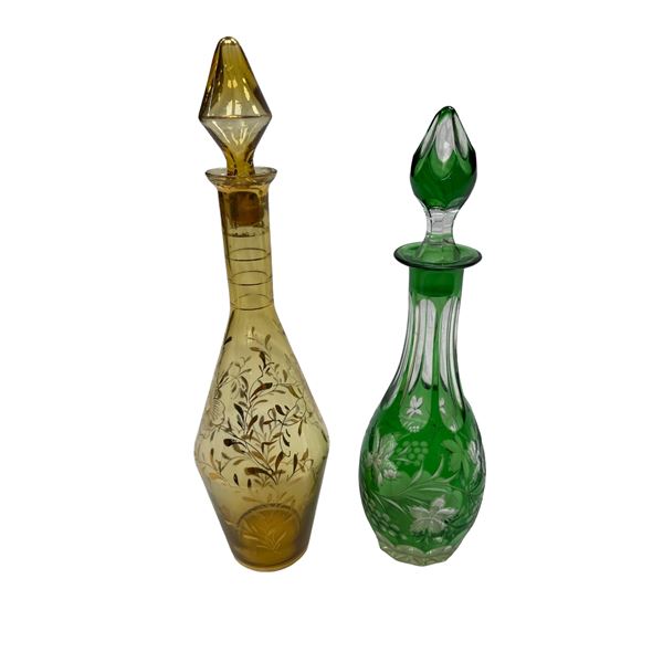 2 Hand Blown Glass Decanters: Gold Overlay And Leaf Etching Scene