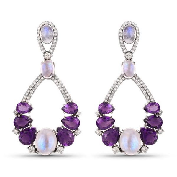 Amethyst, Moonstone, and Diamond Dangling Earrings