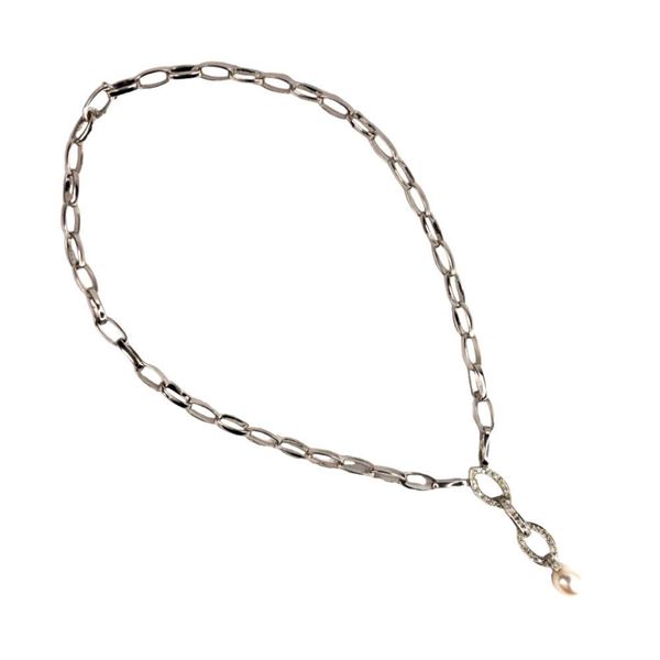 Oval Rolo Link Lavalier Pearl and Diamond Necklace