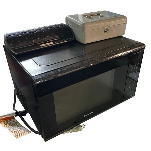 Group of Panasonic Microwave, Blackweb Speaker &  Master Lock Money Tray Box