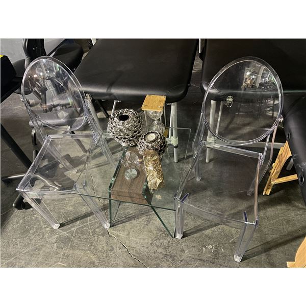 Group of Misc Including - Glass Side Table, 2 Plastic Chairs & Misc Decor