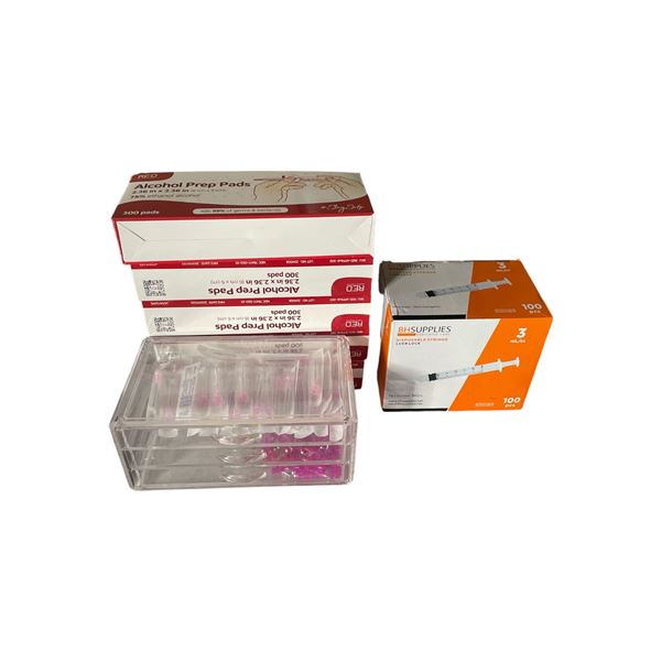 Group of Beauty Products Including - Disposable Syringes, Alcohol Prep Pads, & Needle Heads
