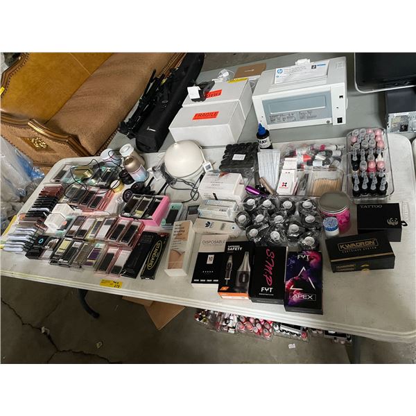 Table Lot Misc Beauty Supplies Including - Non Woven Waxing Strips, Eyelashes, Diffuser, Cartridge,