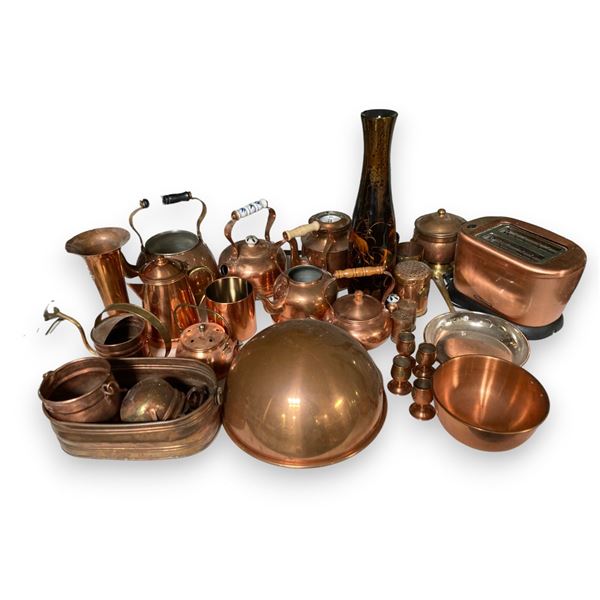 Large Group of (Possible Copper) Tea Pots, Toaster, Bows, Salt & Pepper Shakers, Vase, 4 Vintage Mex