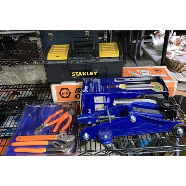 Group of Misc Including - Stanley Tool Box, Oster Electric Wine Opener, Hydraulic Trolley, 300mm Dou