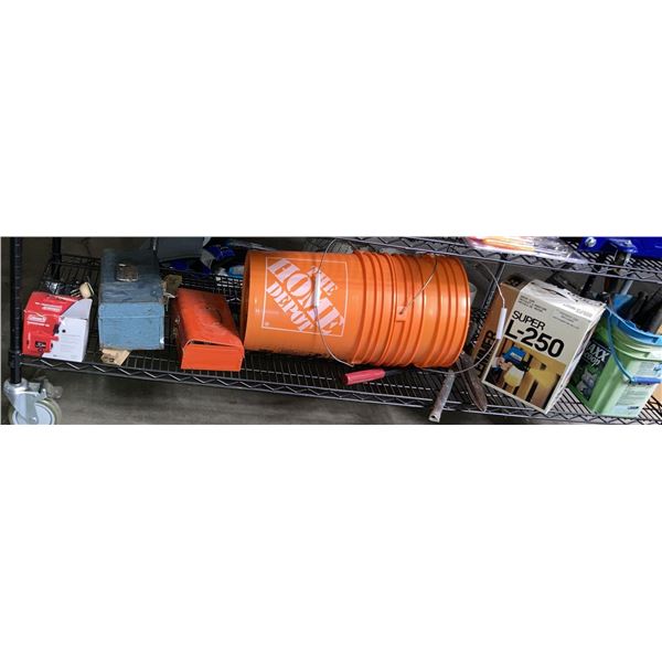 Shelf Lot of Misc Including - Buckets, L-250 Spray Gun, Coleman Quickpump 4D, Propane, Toolbox, Box