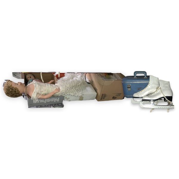 Group of Misc Including - Skates, Airlane Travel Case, 2 Dolls, Etc.