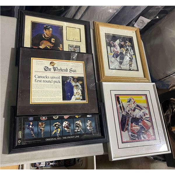 Group of Misc Sport Picture Frames Including - Original Six Front Line, Canucks First Round Pick, Re