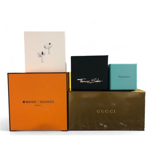 Group of 5 Luxury Brand empty boxes - includes Hermes/Gucci/Tiffany & Co, etc.