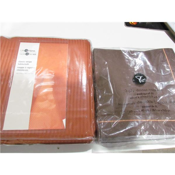 Classic Striped Orange Tablecloth with 3 Ply Napkins (Brown)
