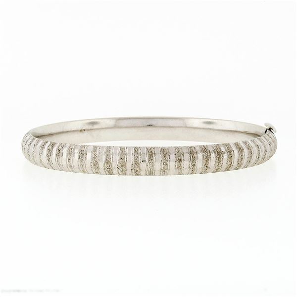 Vintage 14K White Gold Etched Textured Faceted 6.5  Open Slip On Bangle Bracelet