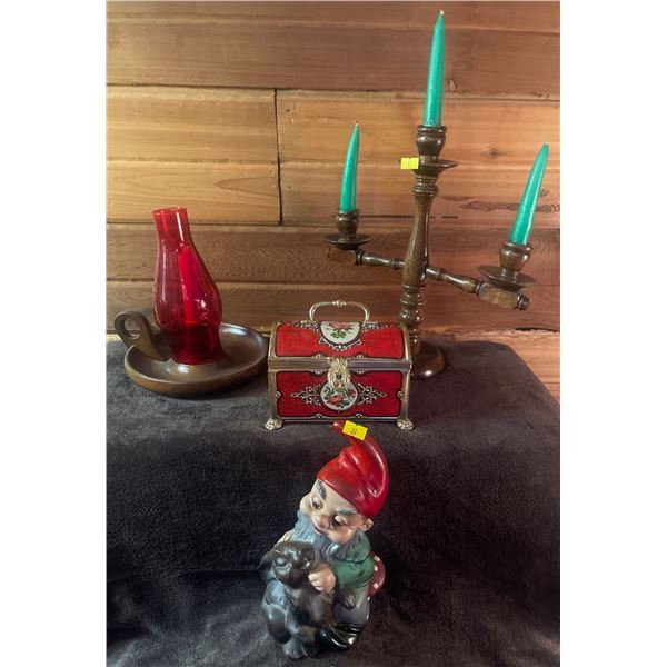 Hand Carved Teak Candle Stick Center Piece & Holder Plate w/ Jewellery Box