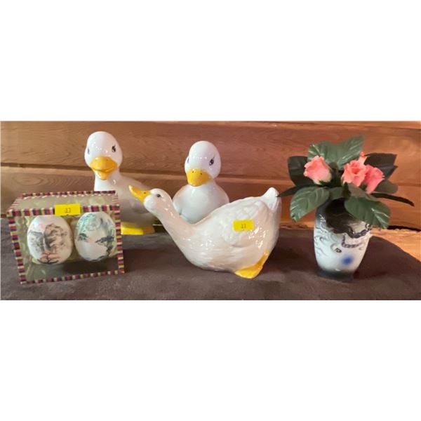 Trio of Ceramic Ducks w/ Hand Painted Asian Eggs & Decorative Glass Vase