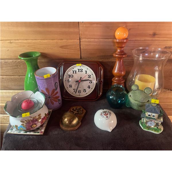 Assorted Vintage Vases Wooden Pedestal Clock & More