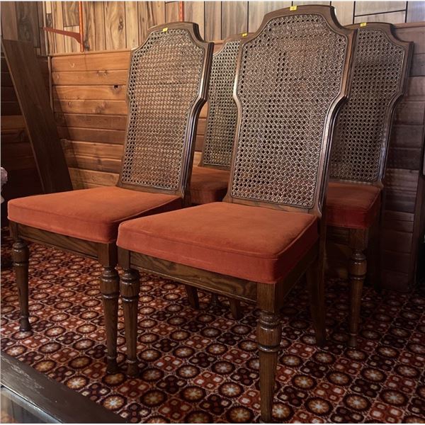 Stunning Tiger Oak & Merlot Velvet Upholstered Dining Chairs Vintage 4 Count