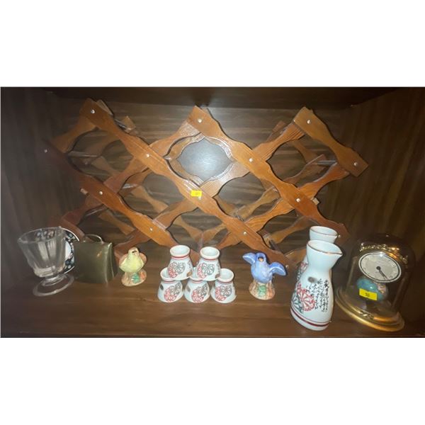 12 Bottle Wood Wine Shelf w/ Saki Set Brass Clock & More