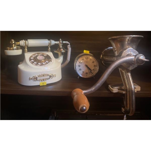 Vintage Telephone, Antique Meat Grinder "PORKER" & Prim Clock