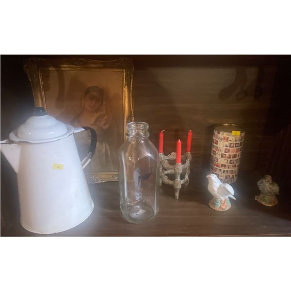 Antique Camp Tea Pot Oil on Canvas Painting Candle Holder & More